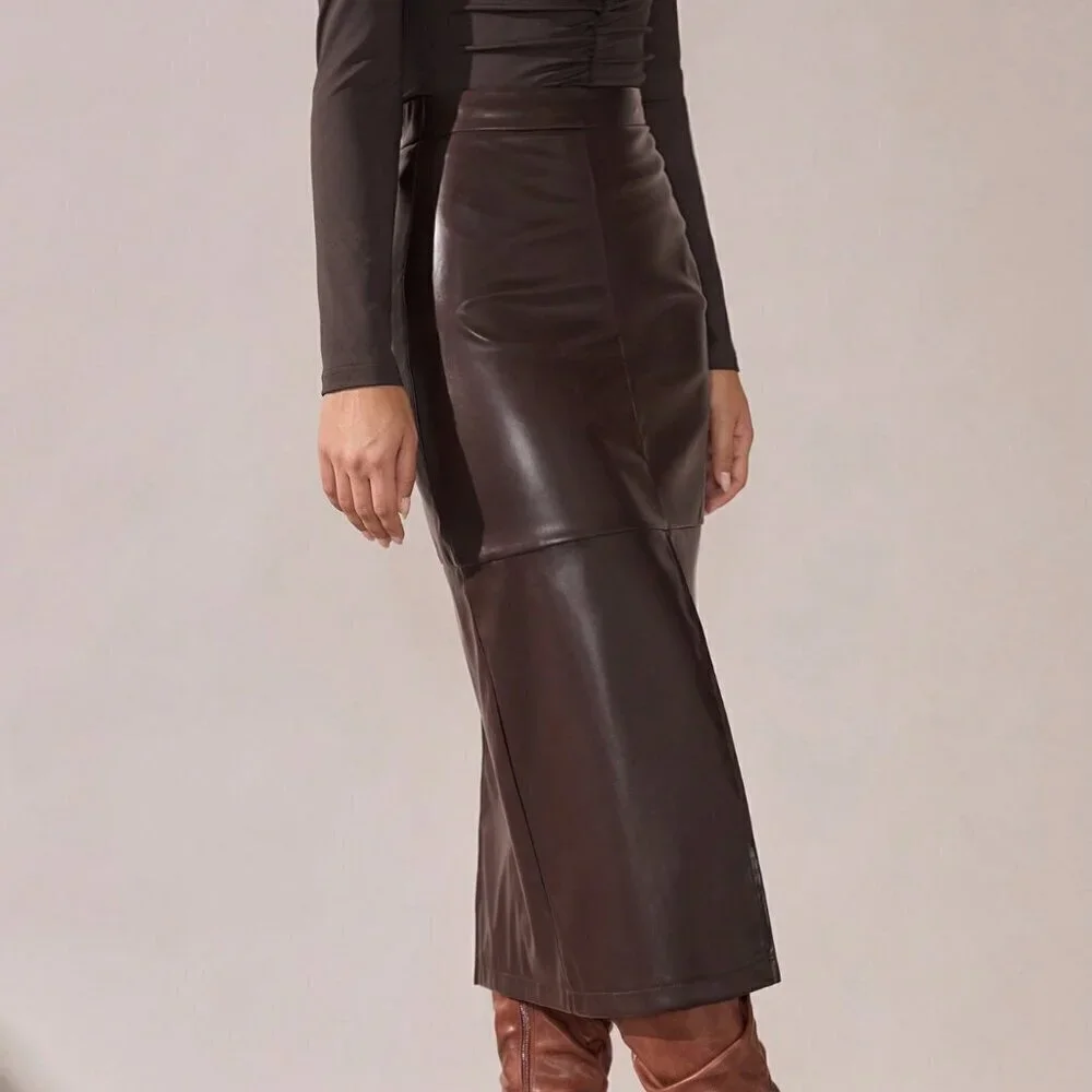 Brown Casual Women's Elegant A-Line Split Hem faux leather Skirt
